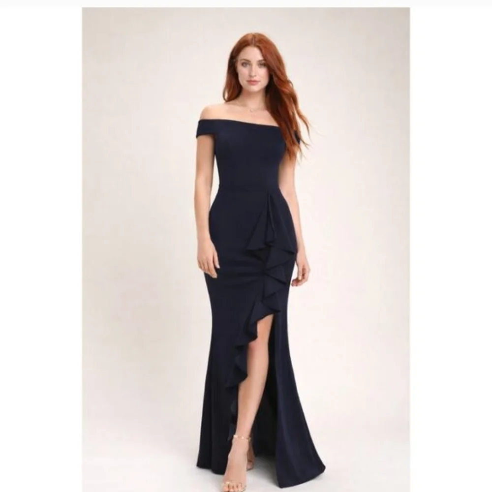lulus blue off the shoulder dress Navy Blue Off-the-Shoulder Maxi Dress | Womens | Medium | 100% Polyester | Lulus | Homecoming